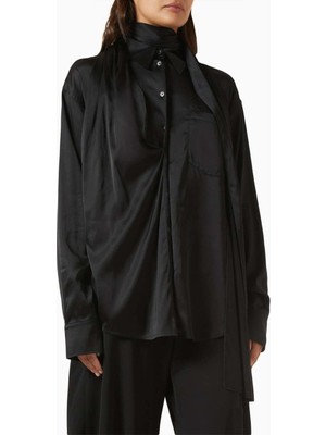 Acne Studios Saten Bluz - Siyah - %97 Viskoz, %3 Elastan - Butonlu, Şık Fular Detaylı, Rahat Kesim