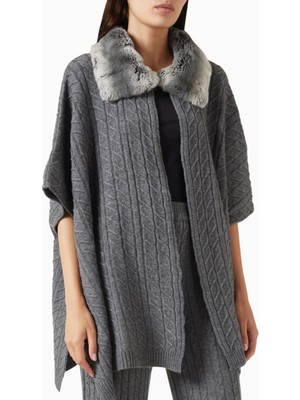 Izaak Azanei Collar-Detail Poncho, Gri Şık ve Lüks Kadın Triko Panço
