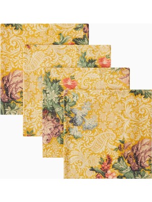 Cabana Peonia Floral Desenli 4’lü, Italyan Tasarımı Keten Peçete Seti Sarı