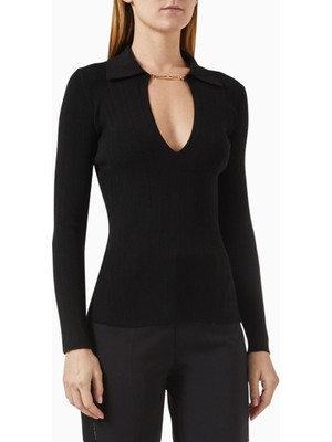 Elisabetta Franchi Ribbed Knit Top, Lüks V Yaka Polo Yaka Triko Bluz