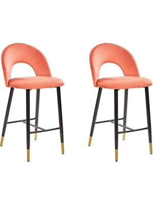 Beliani Falton 2’li Mercan Kadife Retro Bar Sandalyesi, Altın Detaylı, 62 cm Oturum