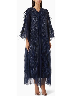 Ammaniyas Tül Aksesuarlarla Süslenmiş Kuş Tüyü Abaya ve Koordineli Şeyla Modeli