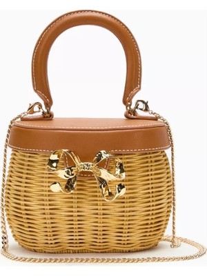Self-Portrait Self-Portraıt Bow Basket Çanta Naturel Rattan & Altın Detaylı Zarif Mini Tote