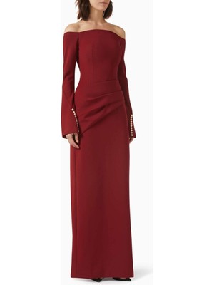 Eegen Studio Louisa Maxi Dress - Off-Shoulder, Düğmeli Kollu, Sırt Yırtmaçlı, Şık Tasarım Elbise