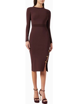 Elisabetta Franchi Zincir ve Taş Detaylı Burgundy, Triko Midi Elbise