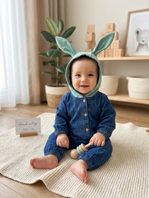 Jolly Joy Kapüşon Kulaklı Kot Tulum 3 Ay,6 Ay,9 Ay,12 Ay Unisex Bebek Tulum Kapüşonlu Esnek Rahat Yenidoğan Bebek Tulum