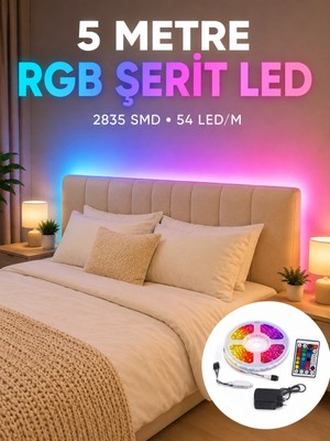 Epilons 2835 Rgb Şerit LED 5 Metre 54 Led/m Uzaktan Kumandalı Renkli Dekorasyon Işığı