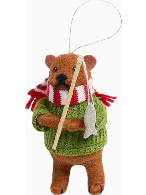 Crate & Barrel Felted Wool Ice Fishing Bear Christmas Ornament Yılbaşı Ağaç Süsü