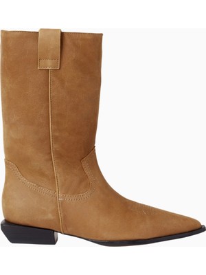 Schutz Ashley 30 Kahverengi Deri Western Topstitch, Düşük Blok Topuklu Lüks Bot