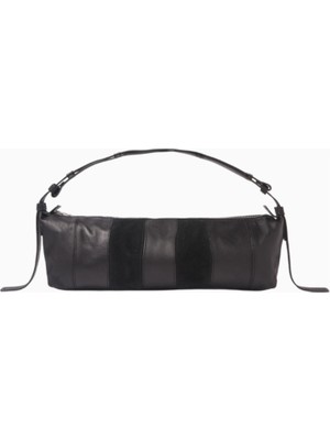 Represent Snap Baguette Shoulder Bag, Lüks Siyah Nappa-Süet Deri Ayarlanabilir Omuz Çantası