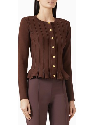 Elisabetta Franchi Peplum Viscose Triko Cardigan, Logo Düğmeli Şık Lüks Kadın Hırka
