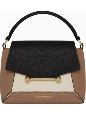 Strathberry Nano Mosaic Tricolour Top Handle, Deri Lüks Çanta, Clay, Black-White