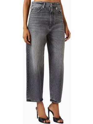 Pinko Estelle Balloon-Fit Jeans, Lüks Koyu Gri Denim Pantolon, Nakışlı Logo Detaylı