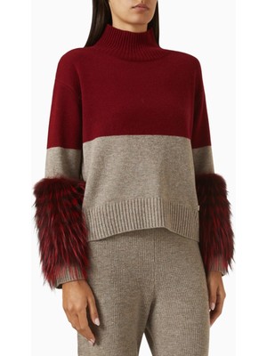 Izaak Azanei Half-Half Cuff Sweater, Kırmızı Lüks Triko Faux Kürk Detaylı Kazak