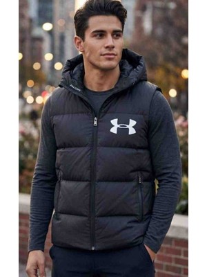 Evlium Under Armour Erkek Siyah Kapüşonlu Şişme Yelek - Micro Dolgulu Ithal Kumaş