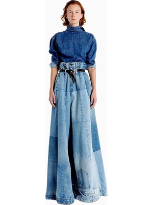 A.w.a.k.e. Mode Kadın Geniş Paça Mavi Denim Yama Detaylı Jean Pantolon