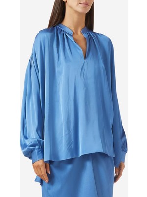 Abadia Oversize Saten Kaftan Mavi Gömlek