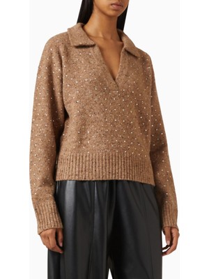 Pinko Nibani Rhinestone Sweater Lüks, Taş Işlemeli Kahverengi Yün Triko