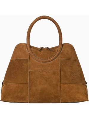 Staud Naomi Kahverengi Patchwork Süet Satchel Çanta, Zarif ve Modern Tasarım