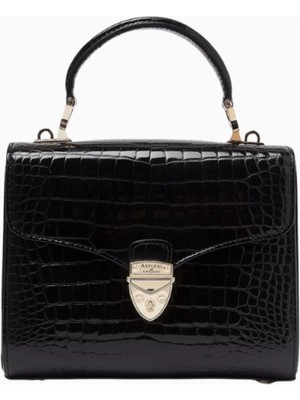 Aspinal Of London Midi Mayfair Siyah Croc Deri Top Handle Çanta, Şık ve Klasik Tasarım