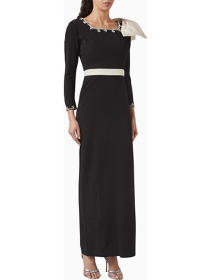 Ac By Aanchal Chanda Bow Embellished Fiyonklu Scuba Maxi Couture Kadın Elbise