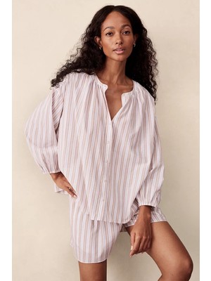 The White Company Çizgili Pamuk Viskon Karışımlı Kadın Oversize Gömlek