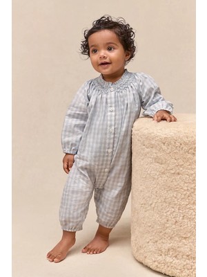 The White Company Organik Pamuklu Pötikare Desenli El Işçiliği Büzgülü Bebek Tulumu