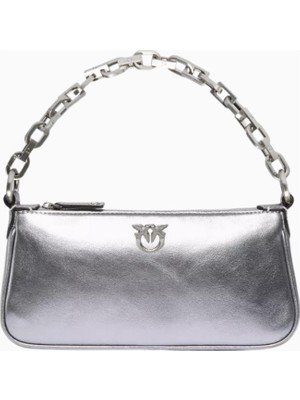 Pinko Mini Half Moon Lamineli Süet Gümüş Lüks Baguette Çanta, Şık ve Çok Yönlü
