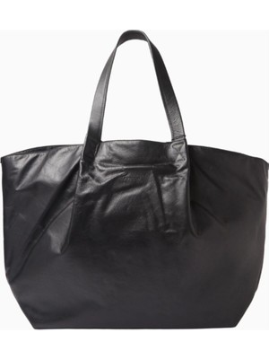 Represent Large Pleat Tote Bag, Lüks Jet Black Deri Omuz Çantası, Geniş ve Şık