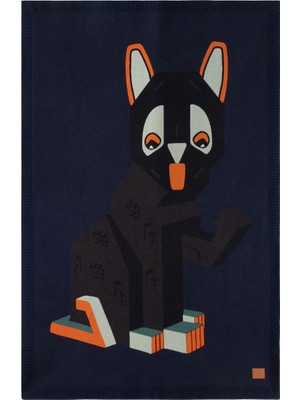 Loewe x Louis Wain Yün Battaniye Deri Logolu Kedi Motifli Tasarım Mavi