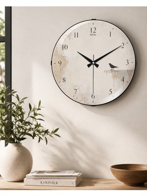 Dekoratif Duvar Saati 36 cm Kuş Figürlü Minimalist Bej Bombe Camlı Sessiz Akar Salon Saati Muyika-Yalnız Kuş