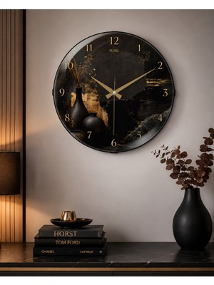 Dekoratif Duvar Saati 36 cm Siyah Gold Vazo Desenli Bombe Camlı Muyika Sessiz Akar Saat-Siyah Vazo