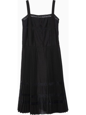 3.1 Phillip Lim Pliseli Dantel Detaylı Kare Yaka Lüks Tasarım Midi Kadın Elbise