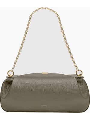 Yuzefi Oyster Taupe Pebble %100 Deri Lüks Italyan, Gold Detaylı Clutch ve Omuz Çantası