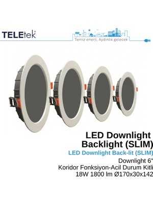 Teletek 18W LED Downlight 6 Koridor ve Acil Durum Fonksiyonlu Backlight Slim Yuvarlak Beyaz Işık  Spot Sıva Altı Panel Armatür , IP44 Ince Kasa Spot Aydınlatma