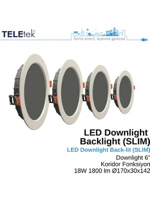 Teletek 18W LED Downlight 6 Koridor Fonksiyonlu Backlight Slim Yuvarlak Beyaz Işık  Spot Sıva Altı Panel Armatür , IP44 Ince Kasa Spot Aydınlatma