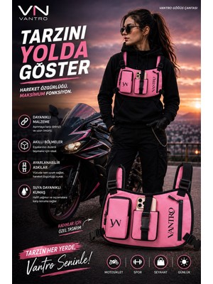 Vantro Telefon Tutuculu Motorcu Göğüs Çantası Toz Pembe – Moto Vlog, Spor ve Video Çekimi Için