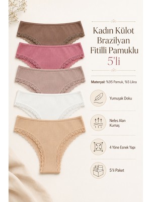 Nicoletta Kadın Külot Brazilyan 5 Li Paket Likralı Fitilli Kaşkorse Pamuklu