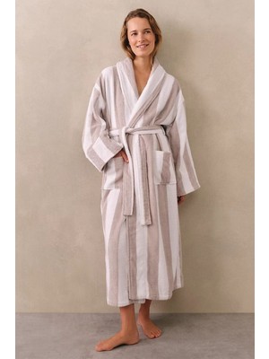 The White Company Organik Pamuk Çizgili Kadın Şal Yakalı Bornoz
