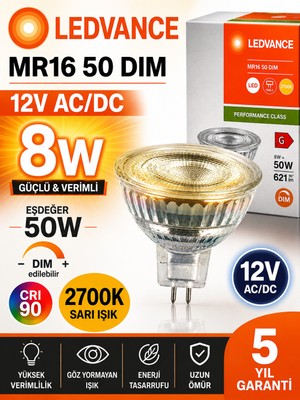 Avarson (1 Adet) Ledvance 12V Ac/dc 8W (50W) Dimli 2700K (Sarı Işık) Gu5.3 Duylu LED Çanak Ampul