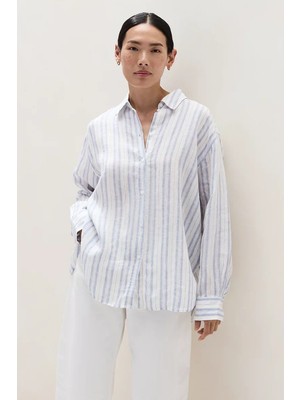 The White Company Çizgili Keten Kadın Oversize Gömlek