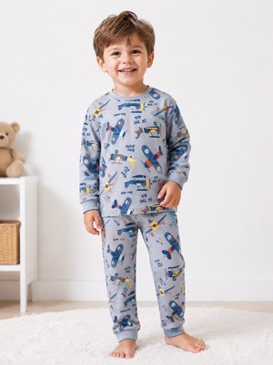 Durukoza %100 Pamuk Erkek Çocuk Pijama Takımı Uçaklı 4 Mevsim