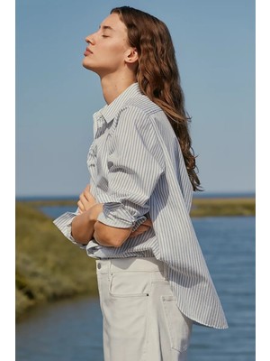 The White Company Çizgili Pamuk Poplin Kadın Oversize Gömlek
