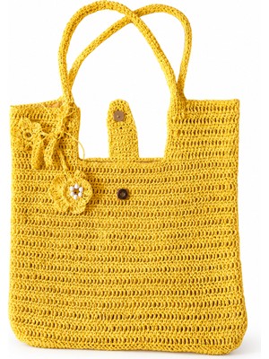 Nomadallıne El Yapımı Rafya Ip Örgü Bohem Kadın Omuz Çantası 36X38X10 cm Sarı