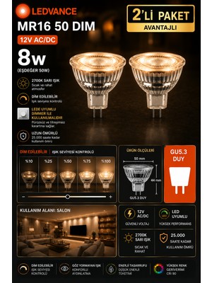 Avarson (2 Adet) Ledvance 12V Ac/dc 8W (50W) Dimli 2700K (Sarı Işık) Gu5.3 Duylu LED Çanak Ampul