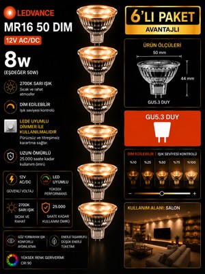 Avarson (6 Adet) Ledvance 12V Ac/dc 8W (50W) Dimli 2700K (Sarı Işık) Gu5.3 Duylu LED Çanak Ampul
