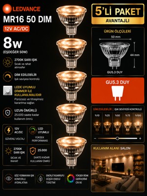 Avarson (5 Adet) Ledvance 12V Ac/dc 8W (50W) Dimli 2700K (Sarı Işık) Gu5.3 Duylu LED Çanak Ampul
