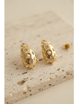 Aesco 316L Çelik Gold Renk Taşlı Damla Model Küpe - Lisinya