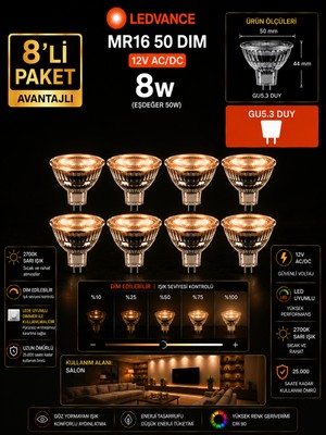 Avarson (8 Adet) Ledvance 12V Ac/dc 8W (50W) Dimli 2700K (Sarı Işık) Gu5.3 Duylu LED Çanak Ampul