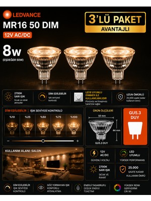 Avarson (3 Adet) Ledvance 12V Ac/dc 8W (50W) Dimli 2700K (Sarı Işık) Gu5.3 Duylu LED Çanak Ampul